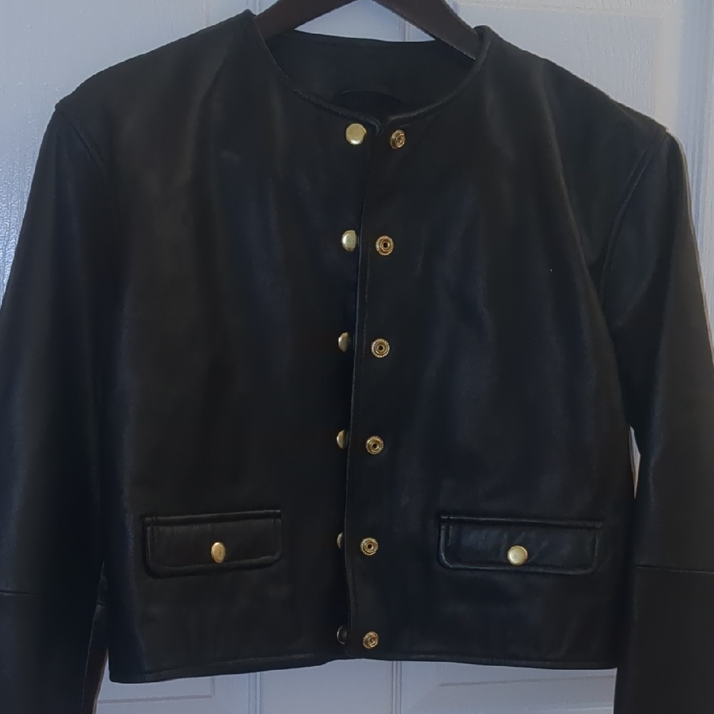 Reserved Black Leather Jacket with Gold Accents
